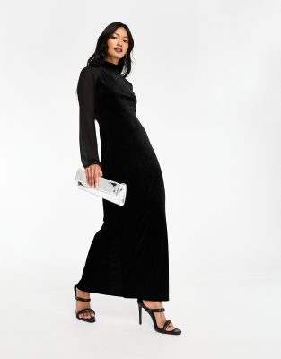Thumbnail - Y. A.S - Hochgeschlossenes Midikleid aus Samt- und Netzstoff-Mix in Schwarz