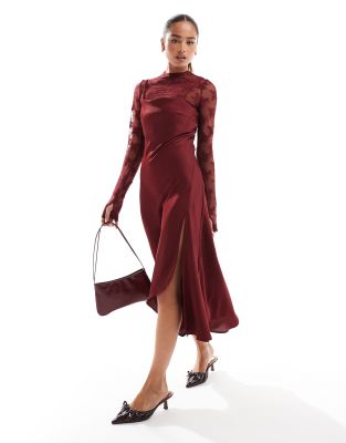 YAS - Hochgeschlossenes Spitzenoberteil und Satin-Trägerkleid im Hybrid-Design in Cabernet-Rot