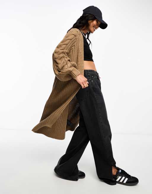 Y.A.S – Hochwertiger, dicker Longline-Cardigan in Braun mit Zopfmuster-Ärmeln