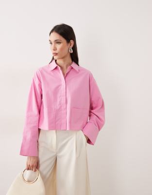 YAS - Hochwertiges Cropped-Hemdbluse aus Baumwolle in Mauve-Rosa mit Taschendetails