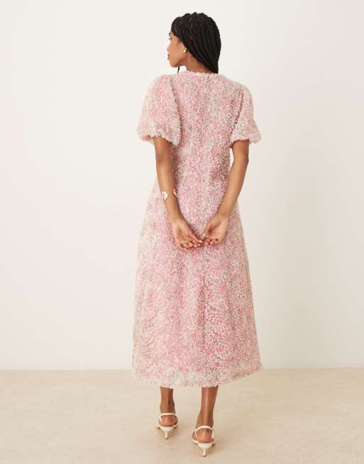 YAS – Hochwertiges Maxikleid in Rosa mit floraler 3D-Konfetti-Struktur, 4 von 4