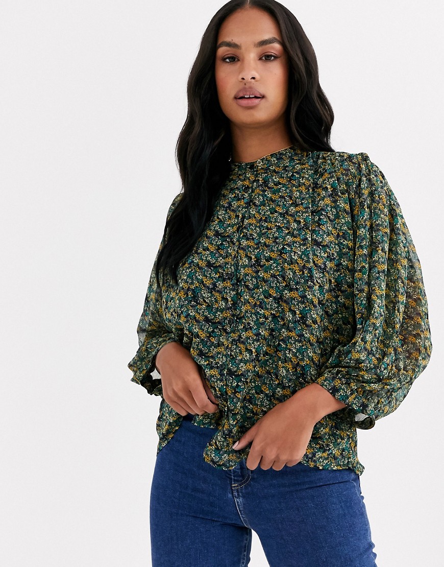 Y.A.S - Hoogsluitende chiffon blouse met ballonmouwen in groen met bloemenprint-Zwart