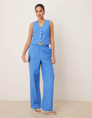 YAS - Hose in Provence-Blau in Leinenoptik mit weitem Bein, Kombiteil
