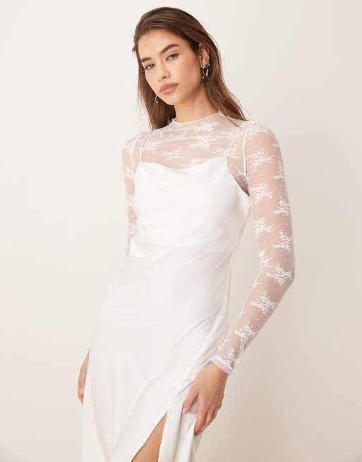 YAS - Hvid langærmet cami-kjole i satin med blondeunderlag, 2 af 4