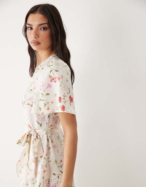 YAS - Hvid slå-om-midikjole med blomstermønster i satin, 4 af 4