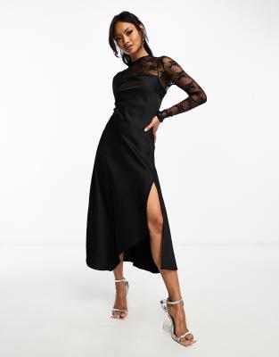 hybrid high neck lace top and satin slip dress in black