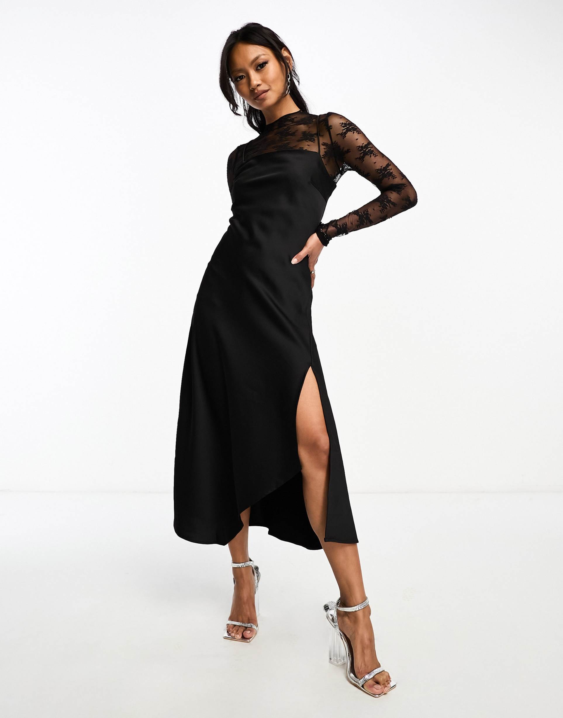 yas hybrid high neck lace top and satin slip dress in black