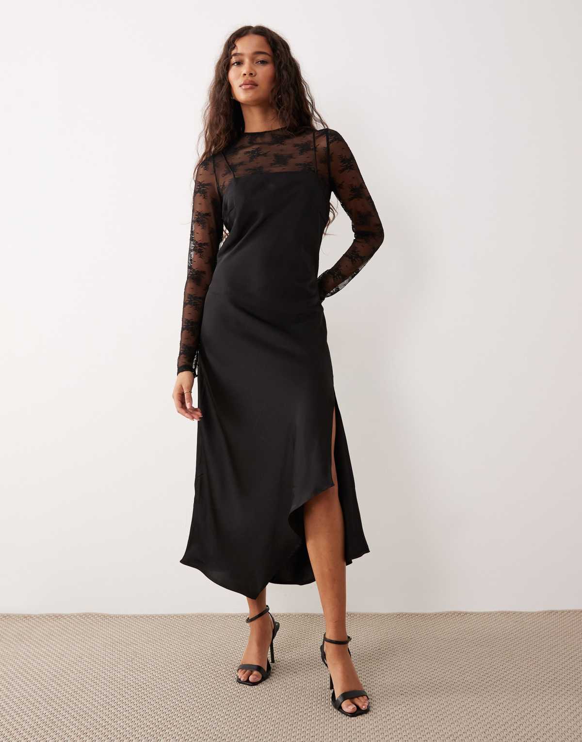 YAS hybrid high neck lace top and satin slip dress in black