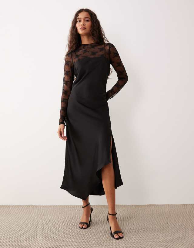YAS Hybrid High Neck Lace Top and Satin Slip Dress in Black
