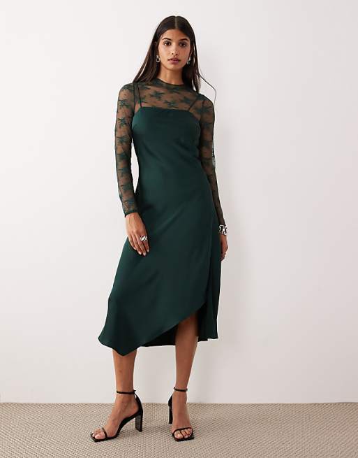 green slip dress The Adonia Satin Loosely Fitted Green Floral Slip Dress -