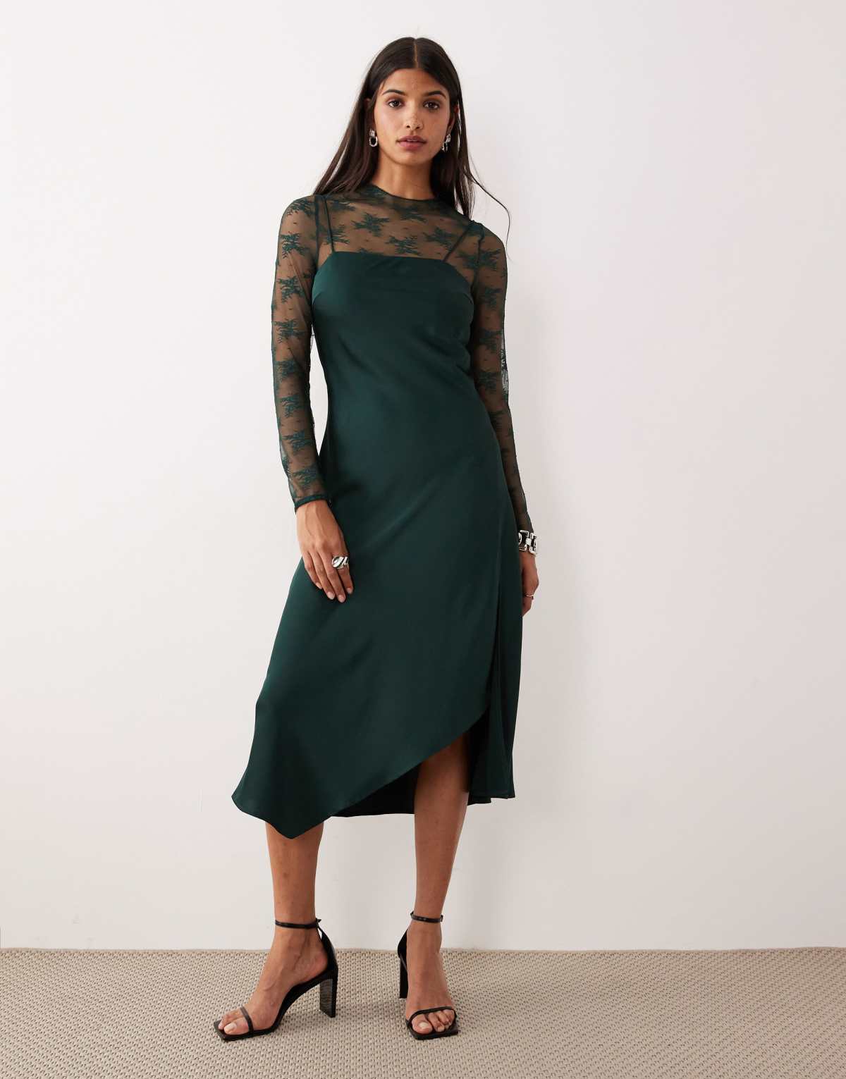 YAS hybrid high neck lace top and satin slip dress in dark green