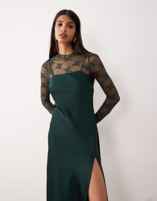 Y.a.s. Hybrid High Neck Lace Top And Satin Slip Dress In Green