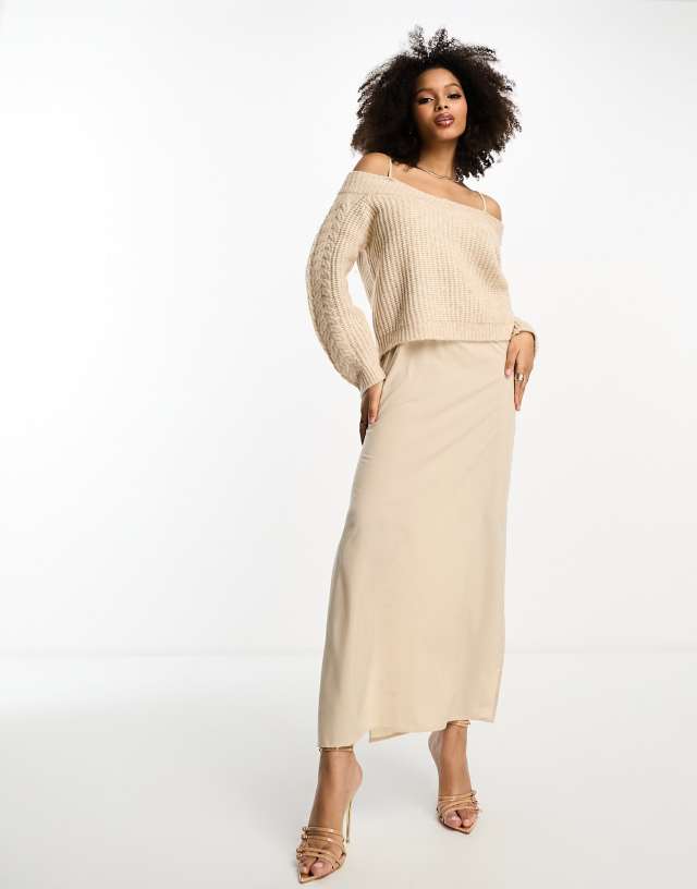 Y.A.S - hybrid midi jumper dress with satin slip in cream