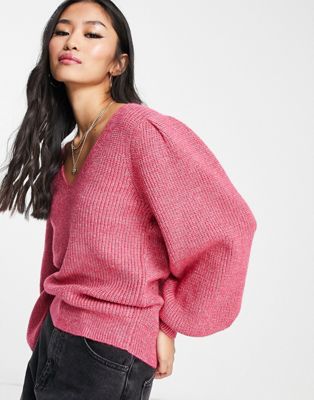 Y.A.S. Isma volume sleeve ribbed jumper in bright pink