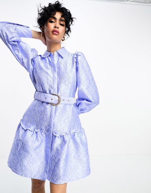 Y.A.S jacquard belted mini shirt dress in lilac