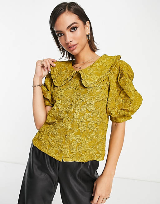 Y.A.S jacquard blouse with puff sleeve in mustard