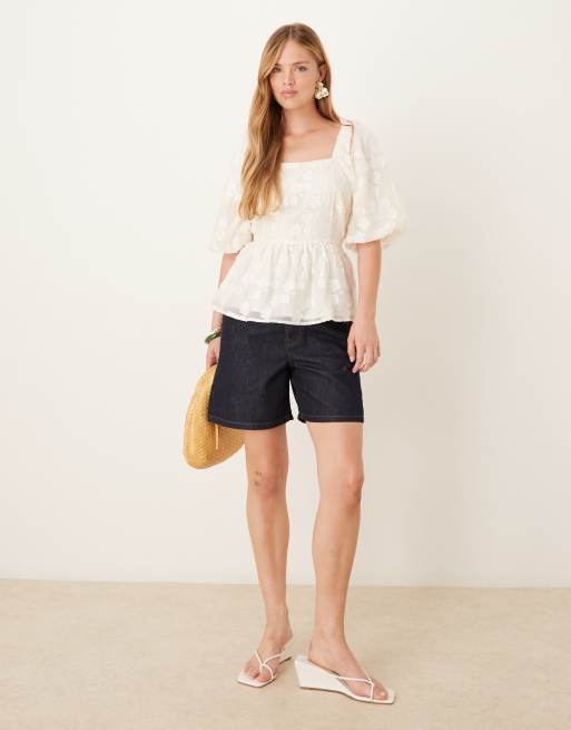 YAS - Jacquard geweven top met pofmouwen in crème, 4 van 4