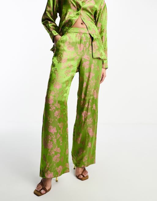 Y.A.S – Jacquard-Hose in Grün mit rosa Blumenmuster, Kombiteil 