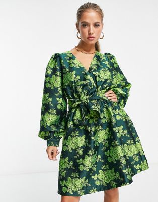 Y.A.S jacquard long sleeve mini dress in green