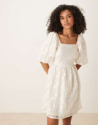 YAS jacquard mini dress with puff sleeves in cream - view 1