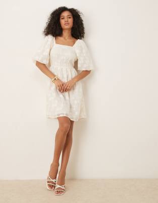 Y.a.s. Jacquard Mini Dress With Puff Sleeves