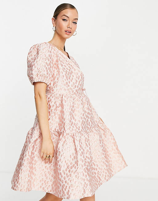 Y.A.S jacquard mini smock dress in pink floral