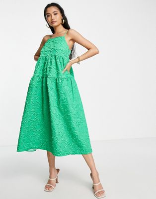 Y.A.S jacquard tiered midi dress in bright green