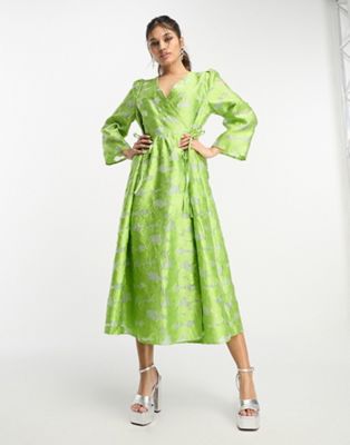 Y.A.S jacquard wrap midi dress in green
