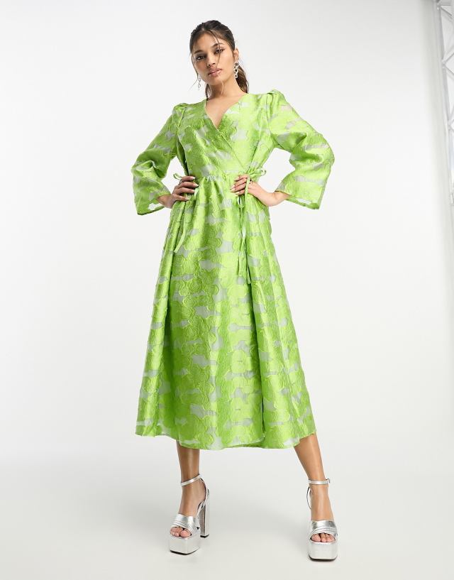 Y.A.S - jacquard wrap midi dress in green