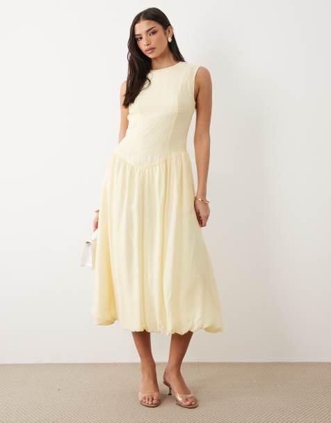 YAS – Jasnożółta dopasowana sukienka midi bez rękawów z obniżoną talią i ozdobnymi szwami - view 1