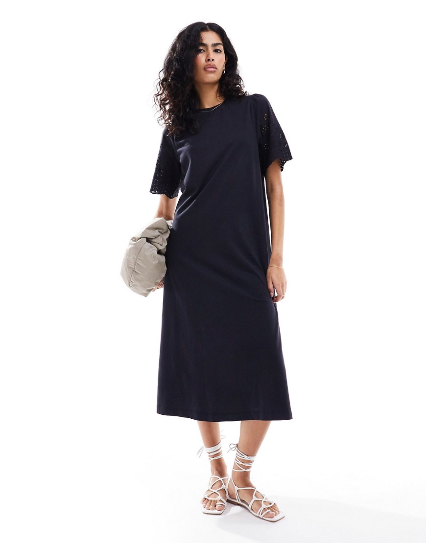 Y.a.s. Jersey Maxi T-shirt Dress With Broderie Sleeves In Black