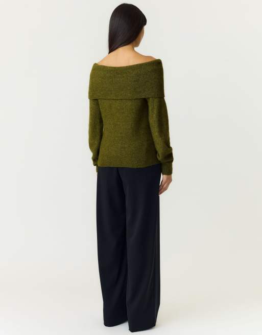 YAS Johi gerippter schulterfreier Strickpullover aus Wollmix in Braun, 2 von 6