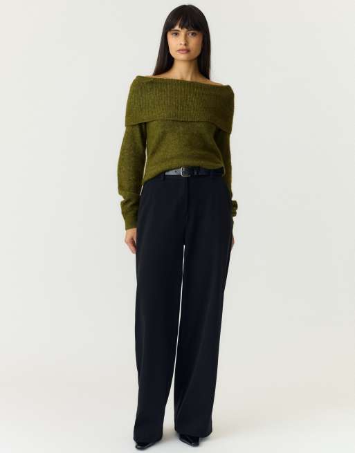 YAS Johi pull en maille côtelée à épaules nues en mélange de laine marron, 3 de 6