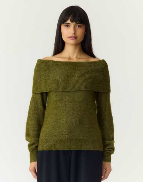 YAS Johi ribbed off shoulder wool-blend knitted jumper in brown - view 1