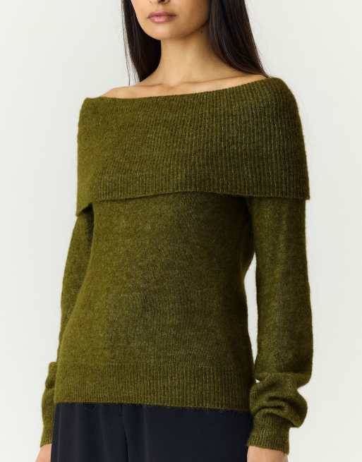 YAS Johi ribstrikket offshoulder-striktrøje i brun uldblanding, 4 af 6