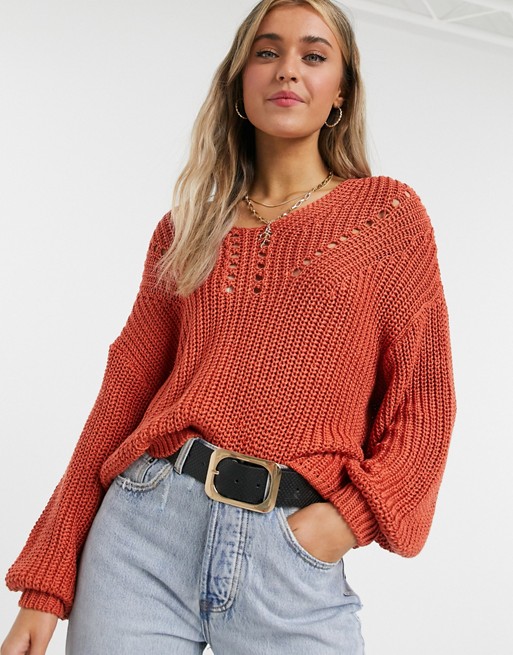 Y.A.S. Joy puff sleeve v-neck jumper in red