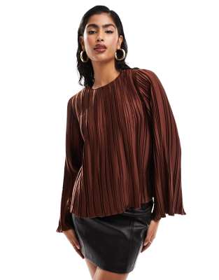YAS Y.A.S jumbo plisse top with oversized bell sleeves in rich chocolate brown