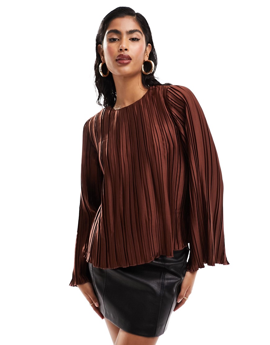 Y.a.s. Jumbo Plisse Top With Oversized Bell Sleeves In Rich Chocolate Brown