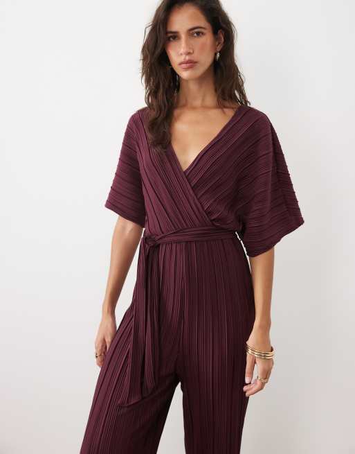 YAS jumpsuit med bindebælte og plissé i burgundy, 3 af 4