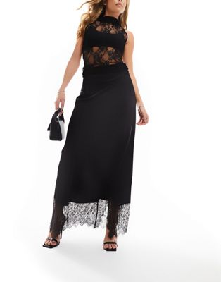 Y.A.S satin lace trim maxi skirt with side slit in black - ASOS Price Checker