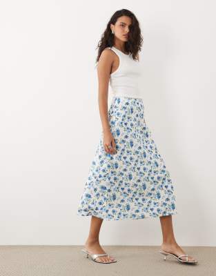 Jupe mi-longue en satin à petites fleurs - Bleu XL