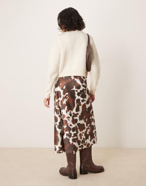 YAS - Jupe mi-longue en satin - Imprimé vache marron, 4 de 5