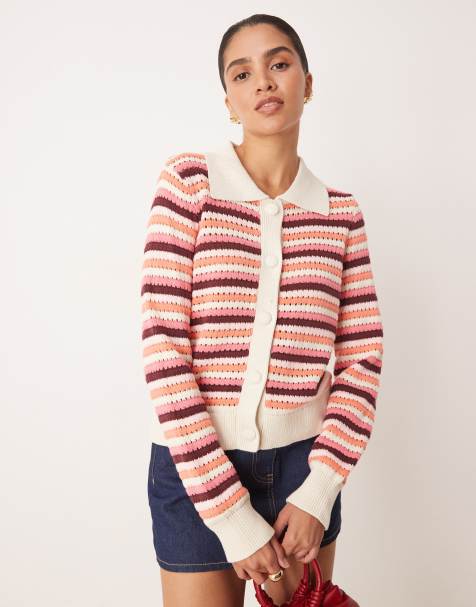 YAS retro knitted cardigan in pink and brown stripe
