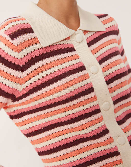 YAS – Kardigan dzianinowy w stylu retro w różowo-brązowe paski, 2 z 4