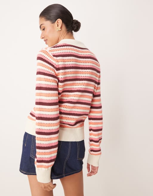 YAS – Kardigan dzianinowy w stylu retro w różowo-brązowe paski, 4 z 4