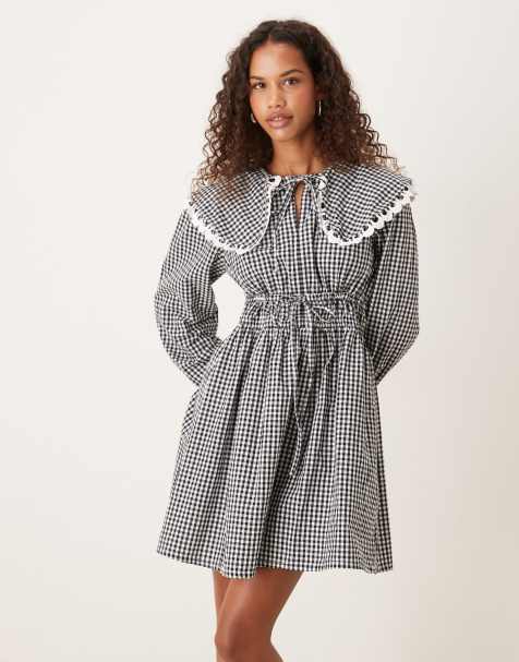 YAS – Kariertes Minikleid in Schwarz und Weiß mit Kragen und Bindedetail - view 1
