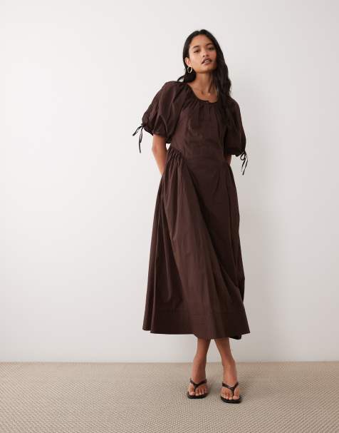 YAS katoenen poplin maxi jurk met gerimpelde taille in chocoladebruin - view 1