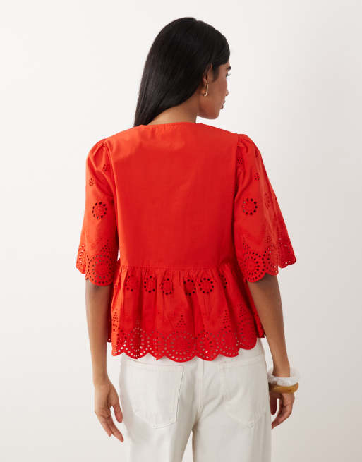 YAS - Katoenen top met broderie en gestrikte voorkant in rood, 4 van 4