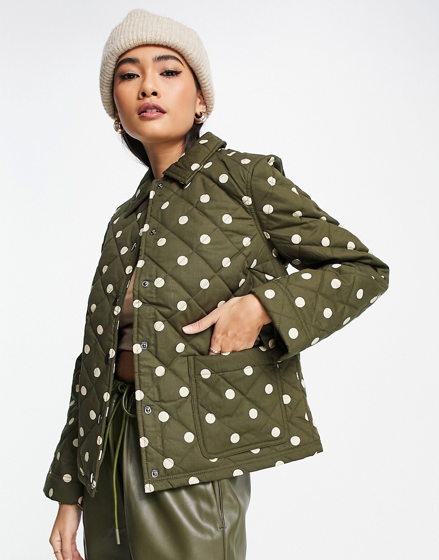 Y.A.S Kikki quilted jacket in khaki polka dot-Green