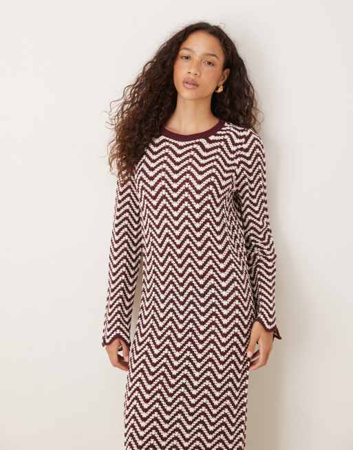 YAS knit maxi dress with lettuce edges in burgundy and white stripes